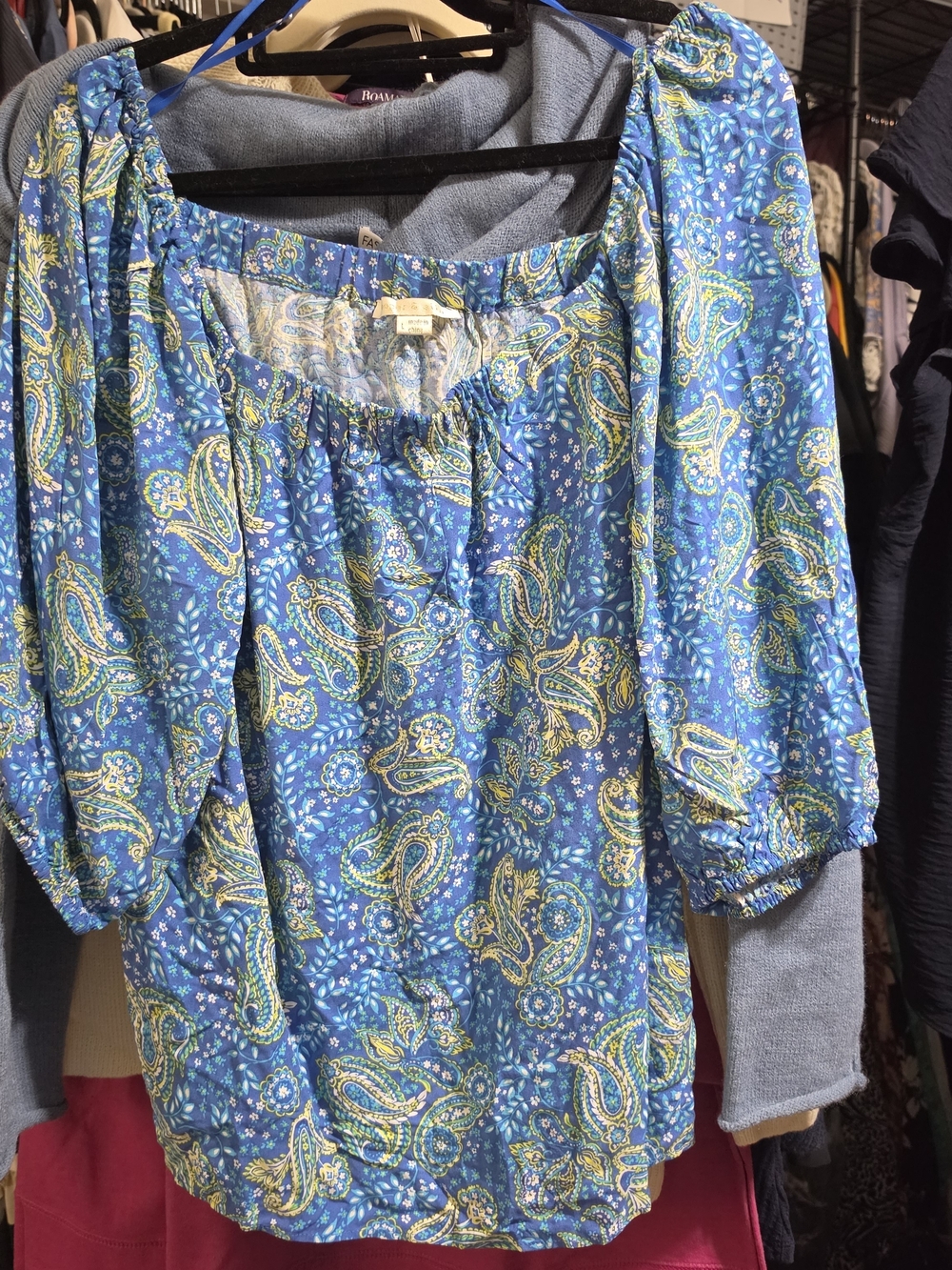 Blue Paisley Peasant Blouse with Yellow Accents